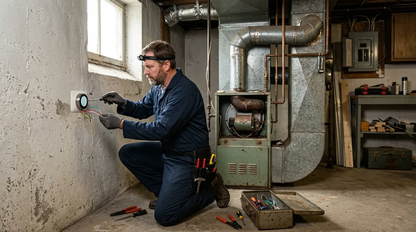 Technician wiring a smart thermostat on a hallway wall in Spokane