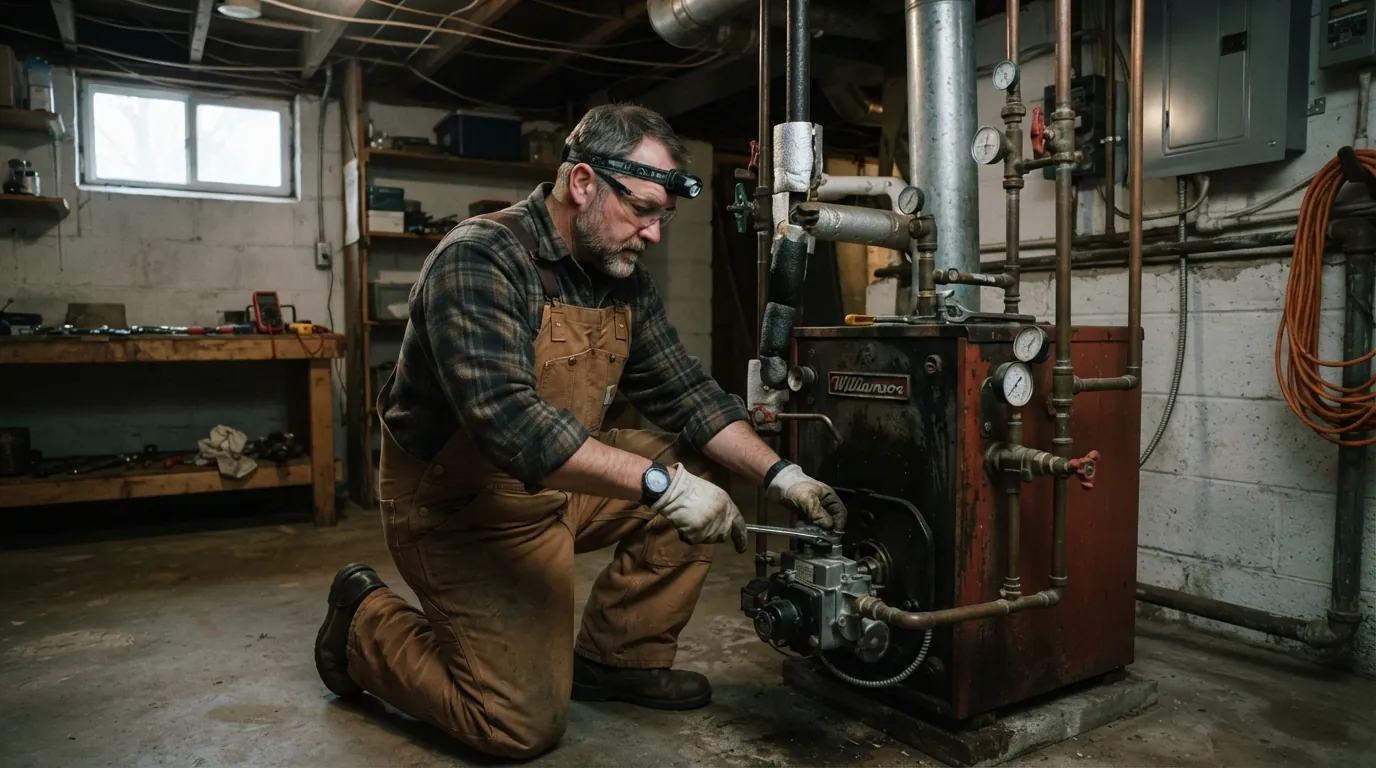 Technician servicing a boiler in a basement on the South Hill