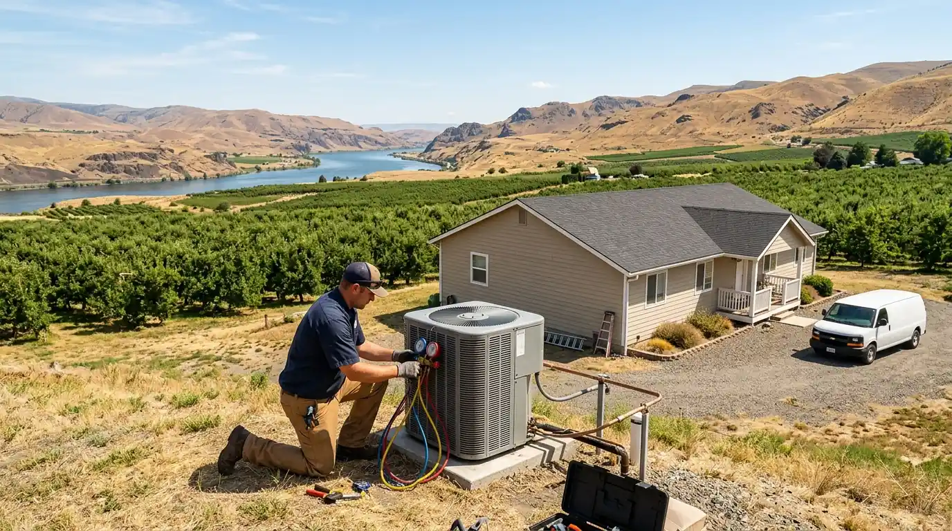 Technician servicing an AC near Brewster orchards