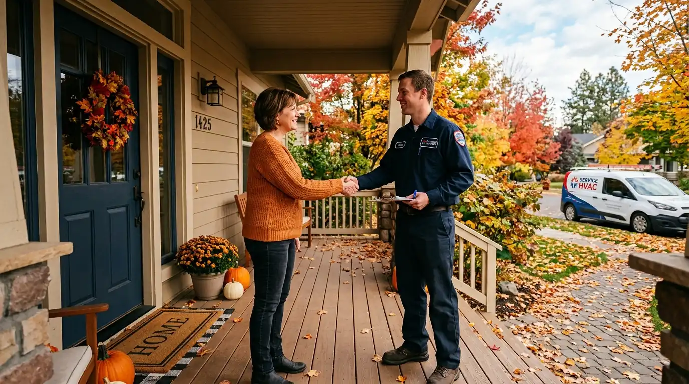 Homeowner and technician at a Spokane home in autumn