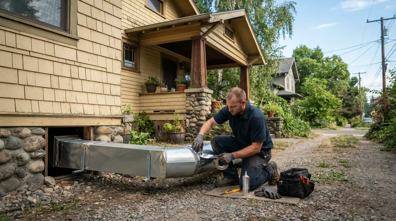 Technician sealing a duct joint with mastic in a Spokane crawlspace