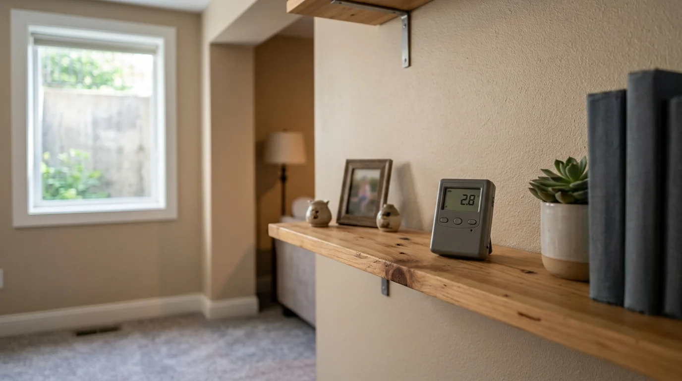 Digital radon monitor on a shelf in a Spokane basement