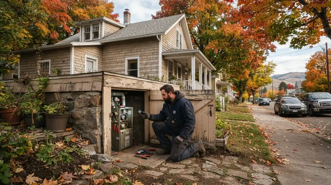 Technician at an older Okanogan home in autumn