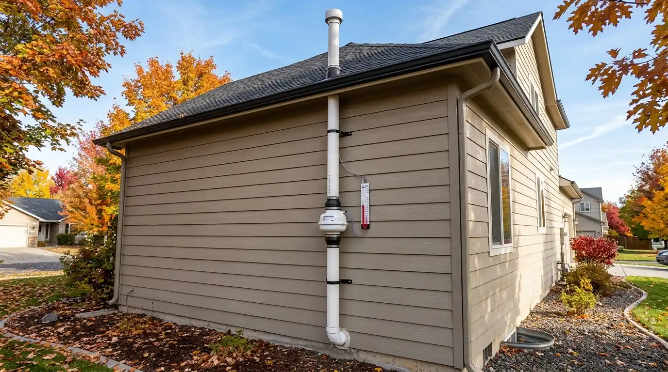 Radon mitigation fan and vent pipe on the side of a Spokane home