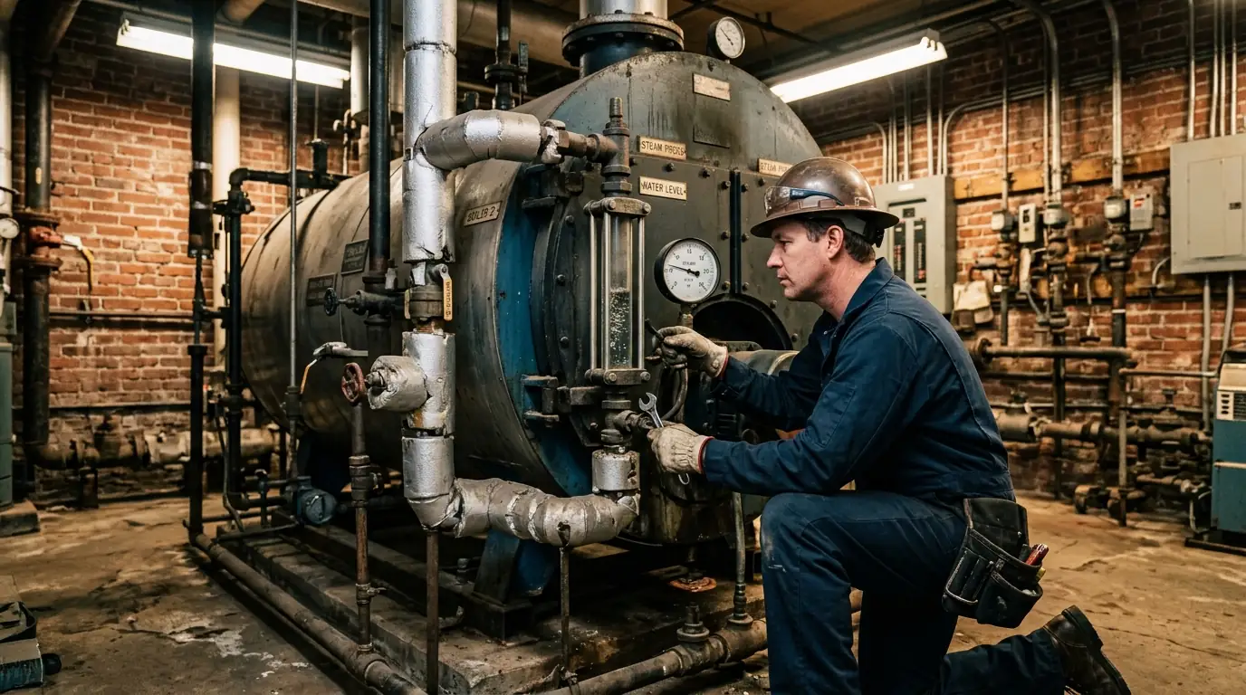Technician servicing a commercial boiler in a Spokane building mechanical room