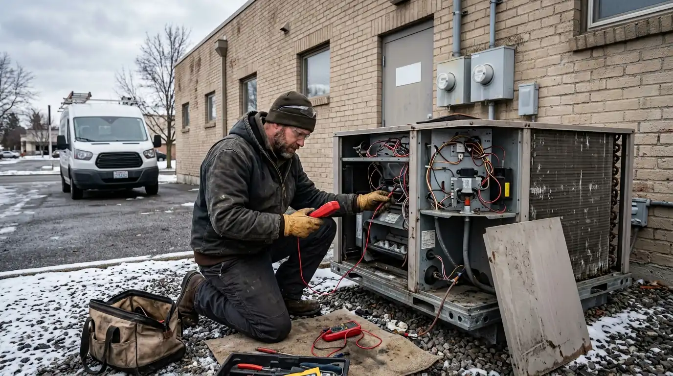 Technician arriving at a Spokane home at night for a no-heat call