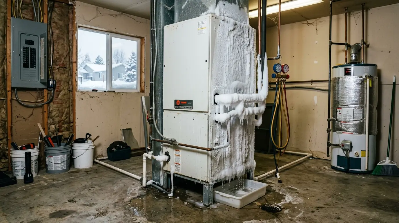 Heat pump outdoor unit covered in ice beside a Spokane home