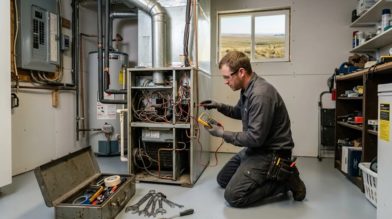 Technician testing a capacitor on an AC condenser in Spokane