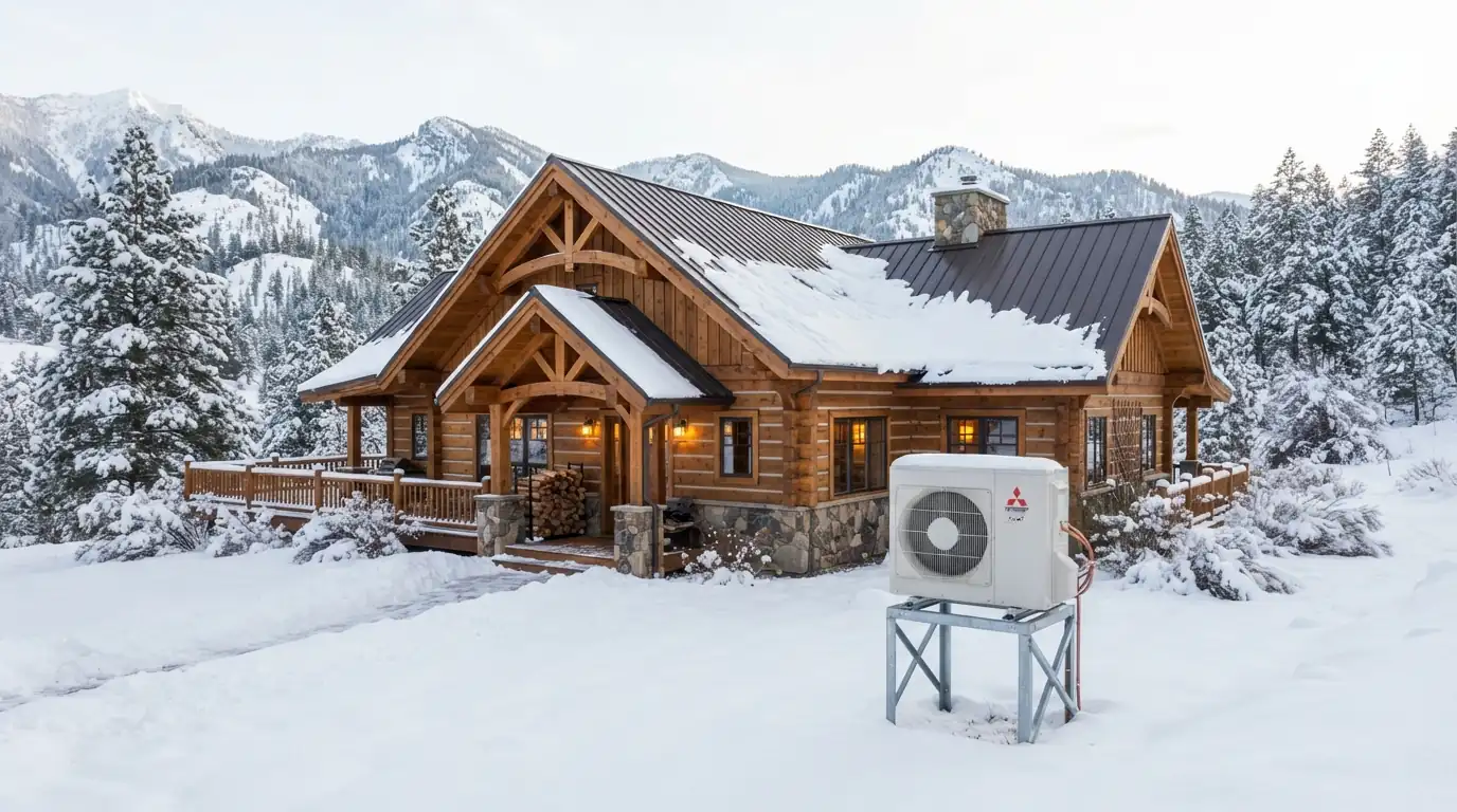 Methow Valley home with a heat pump on a snow stand near Twisp