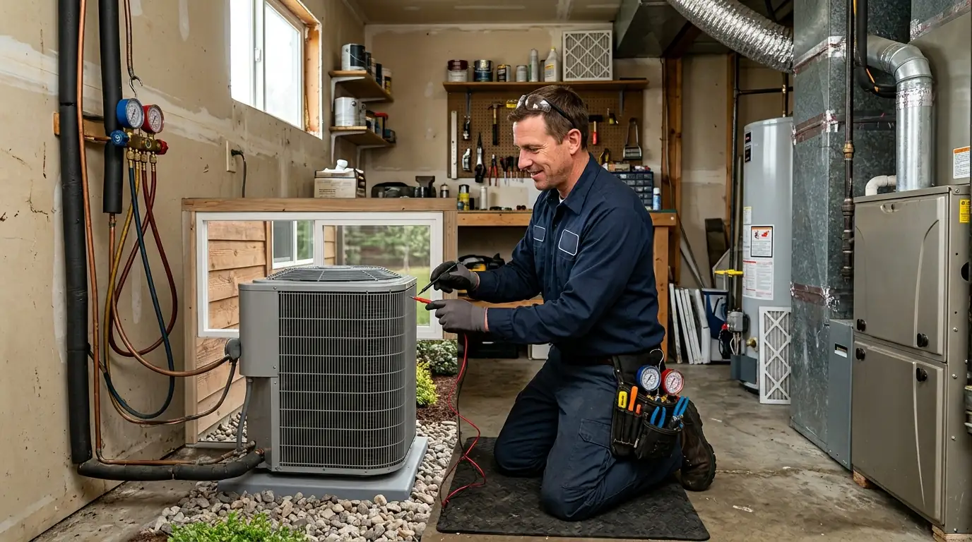 Technician servicing the system in a two-story Five Mile Prairie home