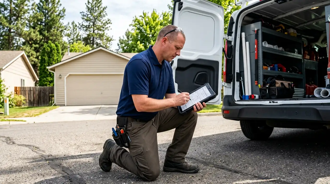 Technician writing up a service report in Spokane