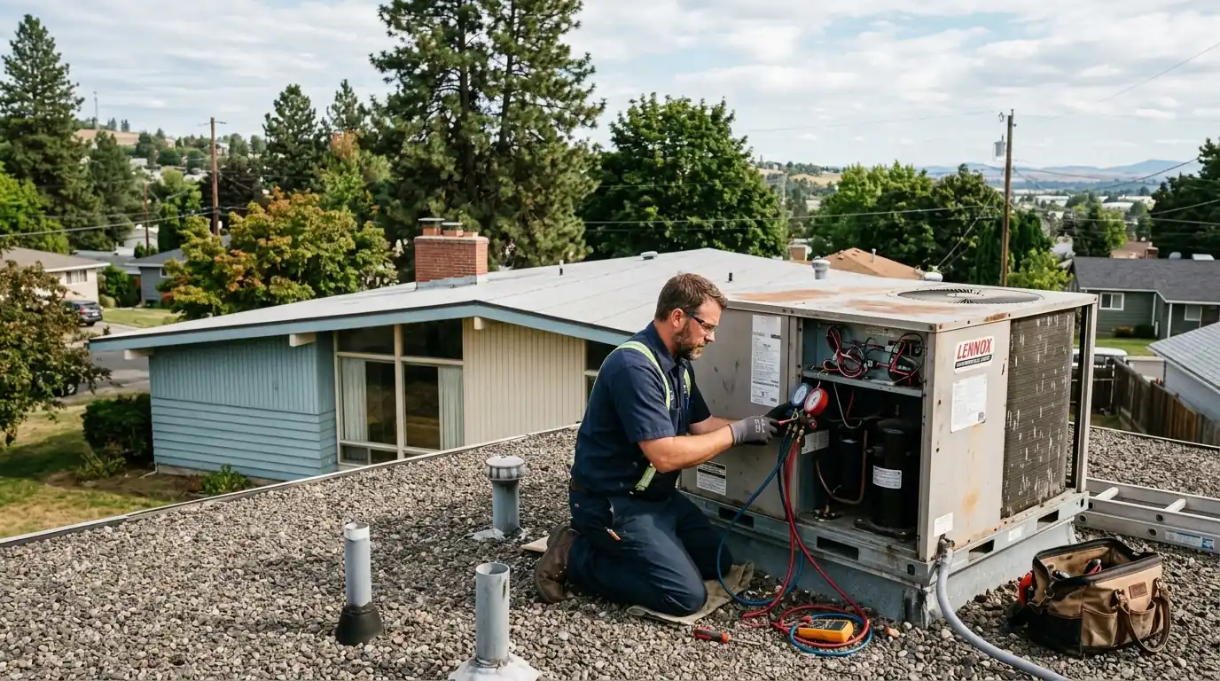 Technician servicing a packaged rooftop HVAC unit in Spokane Valley
