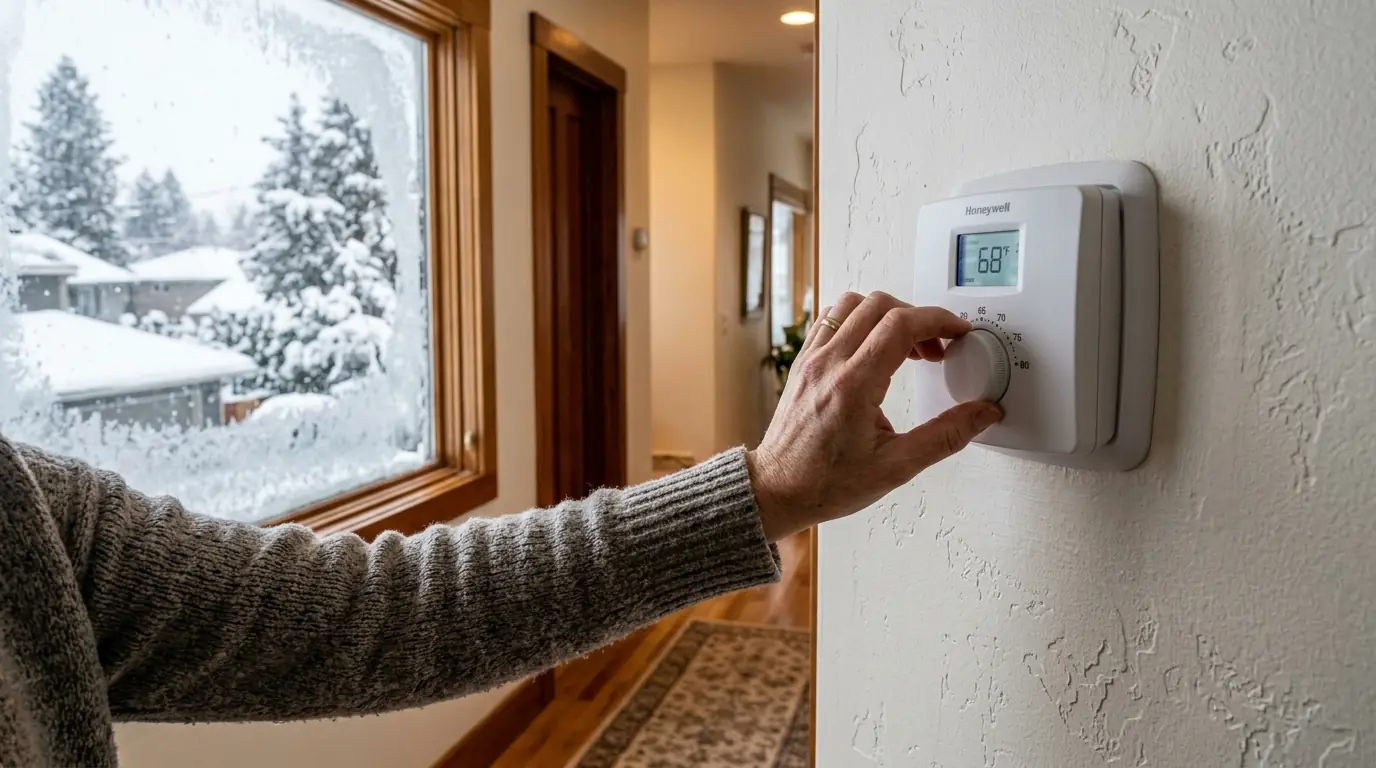 Hand adjusting a wall thermostat in a Spokane home on a snowy morning