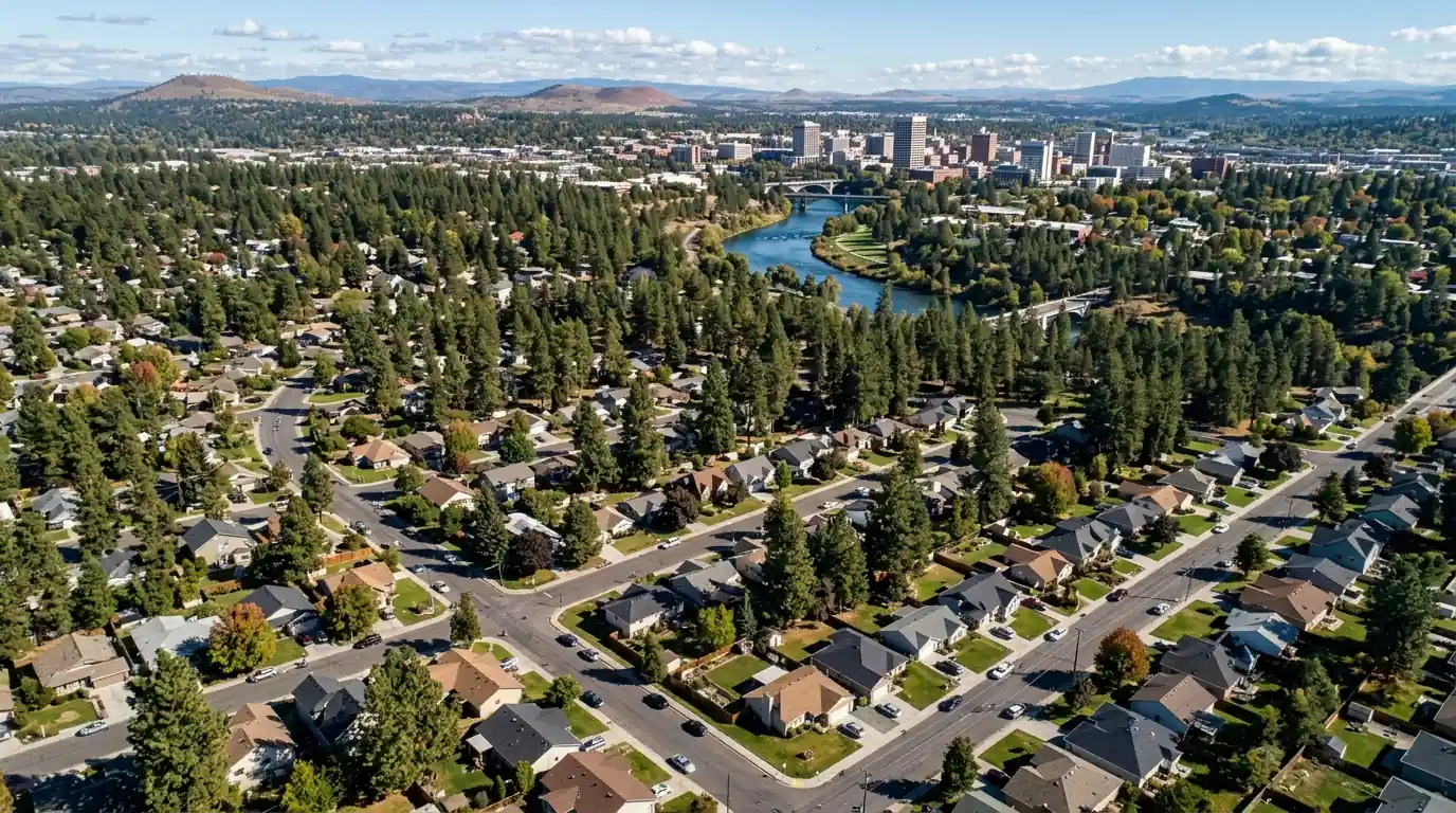 Aerial view of Spokane rooftops