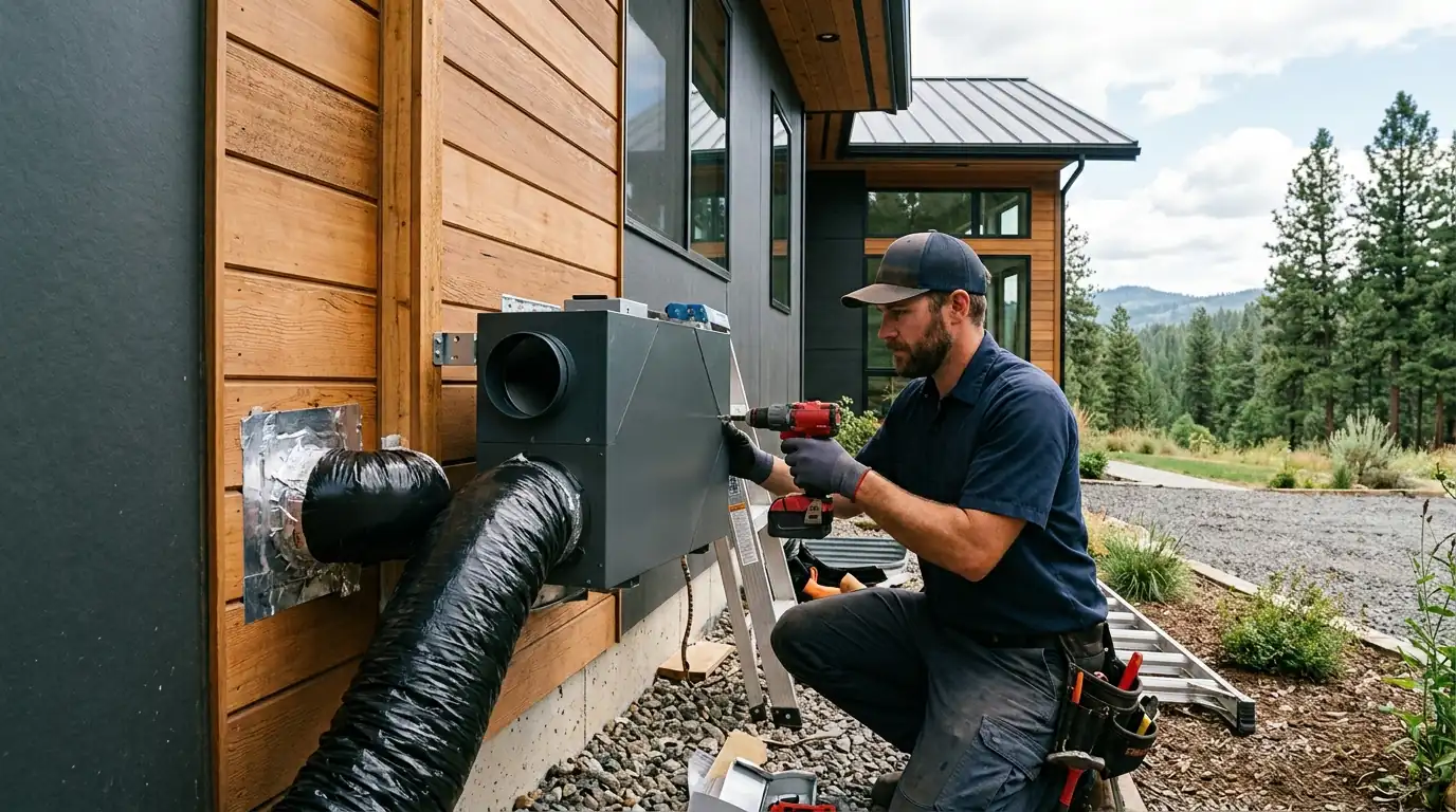 Energy recovery ventilator installed beside a furnace in a Spokane basement