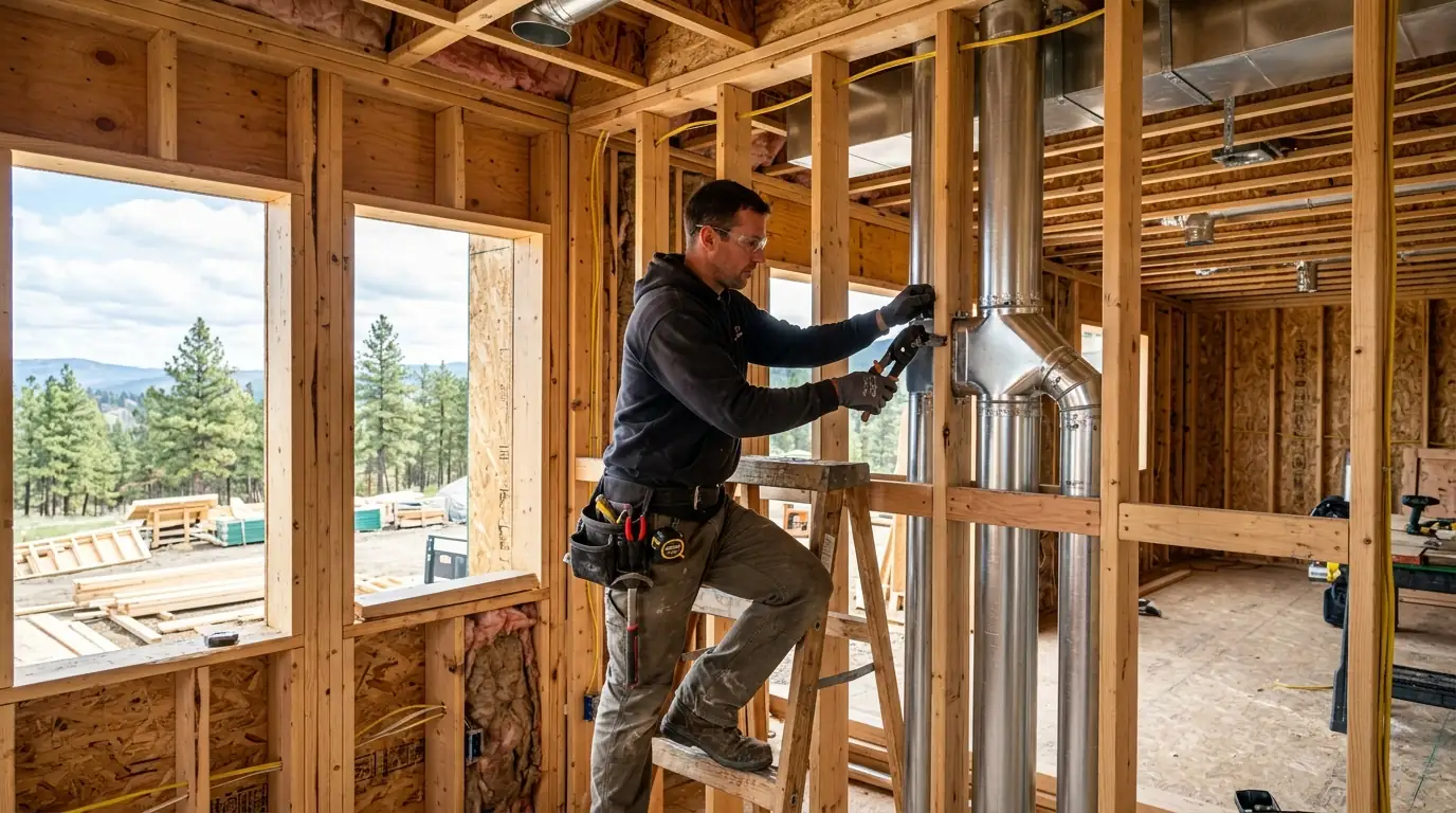 Technician installing ductwork in the framing of a new home under construction near Spokane