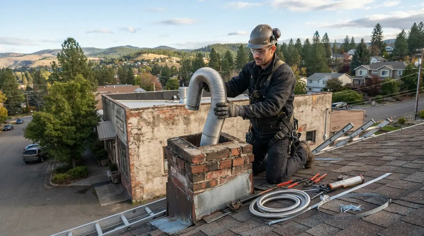 Stainless chimney liner being fed down a masonry chimney on a Spokane house