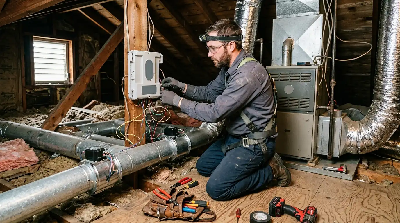 Technician working in a mid-century Hillyard home