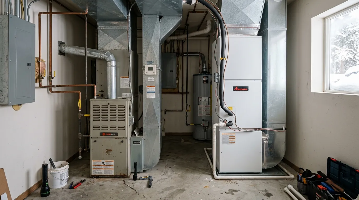 Cold-climate heat pump on a raised stand beside a Spokane home