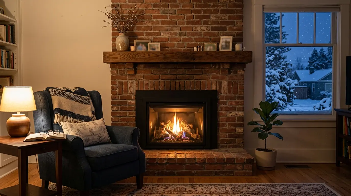 New gas fireplace insert installed in a brick fireplace in a Spokane living room