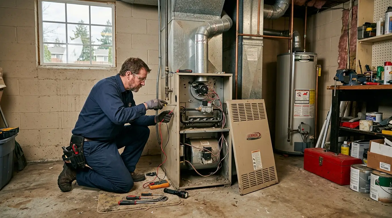 Technician repairing a furnace in a 1970s Nevada Heights home