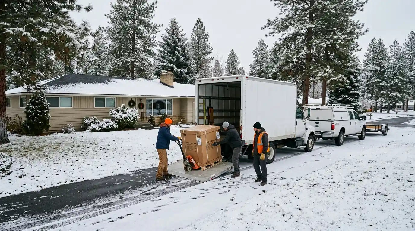 Heating and cooling crew unloading a heat pump at a Spokane home