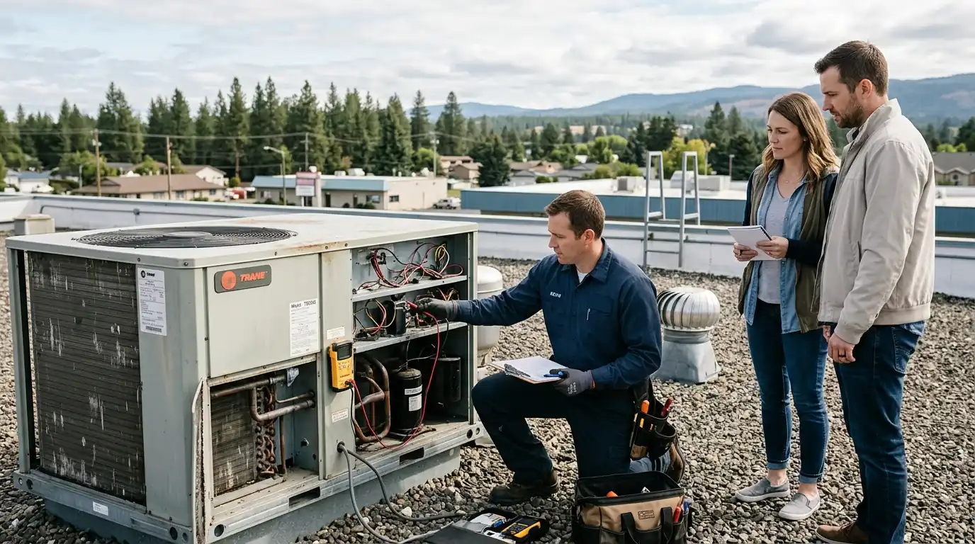 Technician inspecting a furnace heat exchanger with a camera in a Spokane home for sale