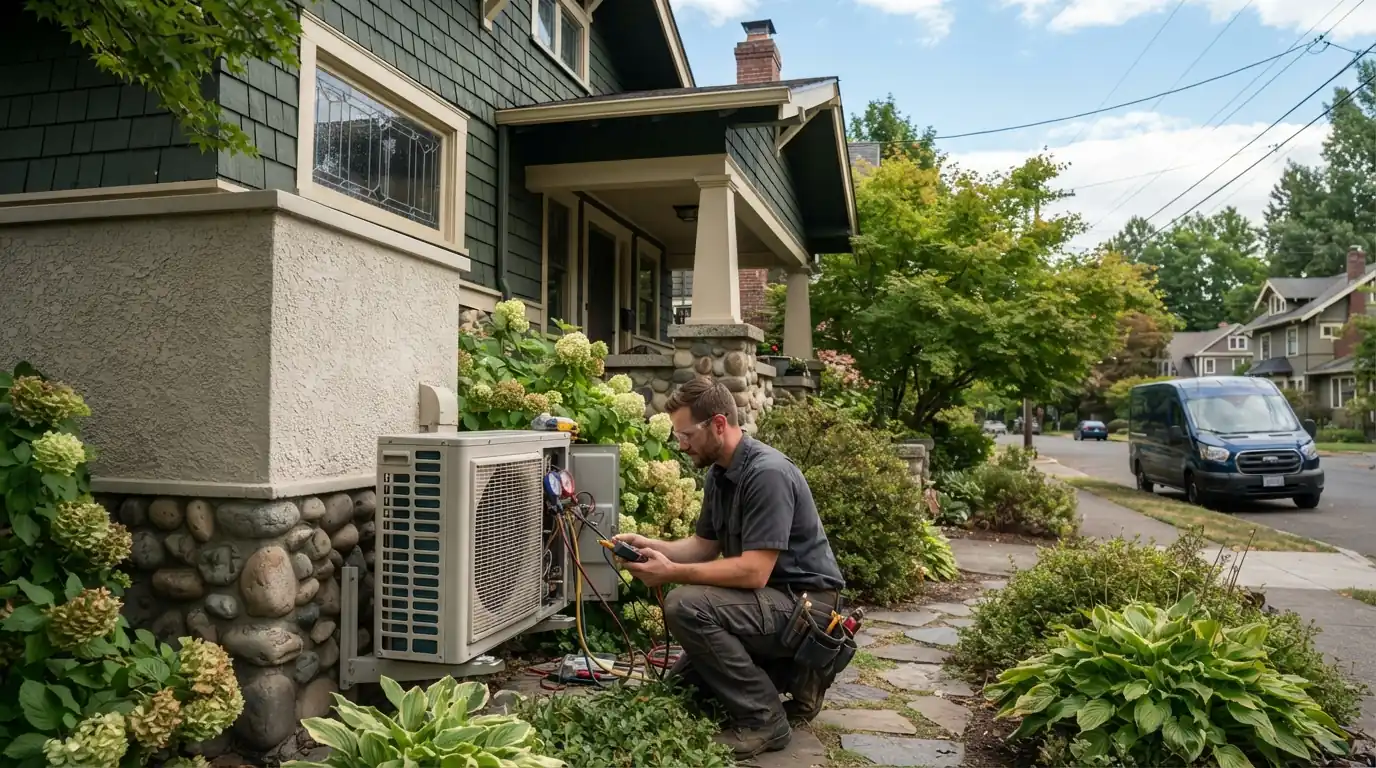 Technician testing a ductless mini-split head unit in a Spokane home