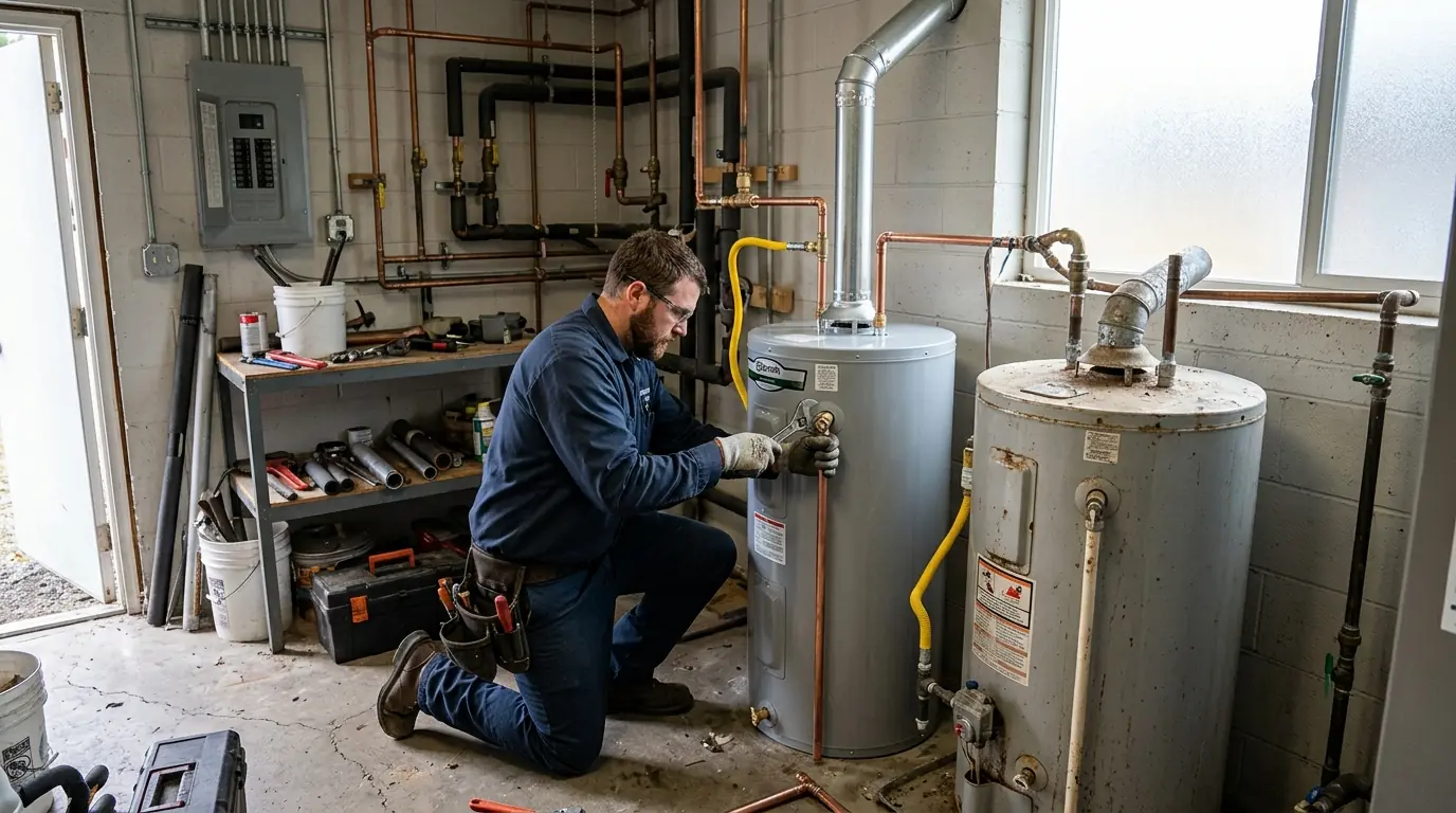 New gas water heater installed in a Spokane basement
