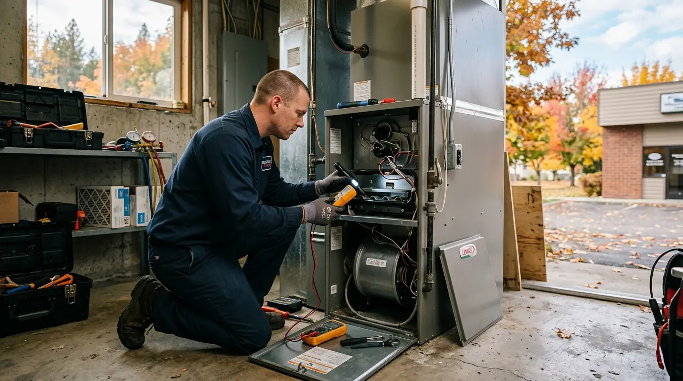 Technician measuring flue gas on a furnace in Spokane