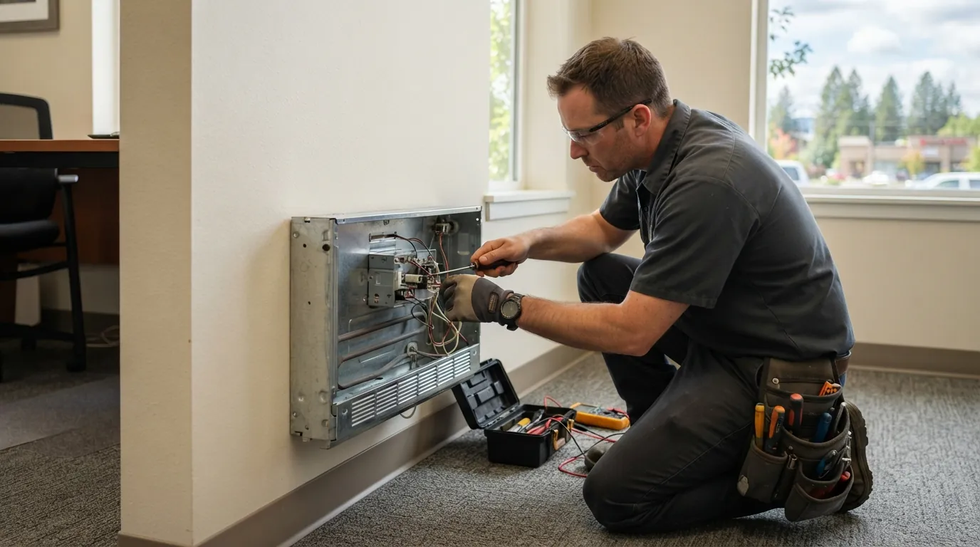 Technician testing an electric baseboard heater in a Spokane home