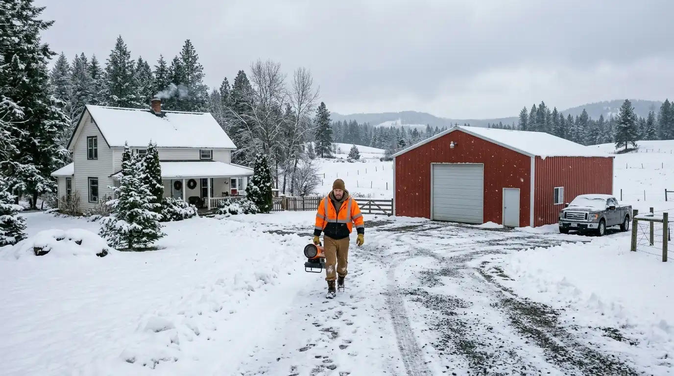 Technician bringing a shop heater to a Deer Park property