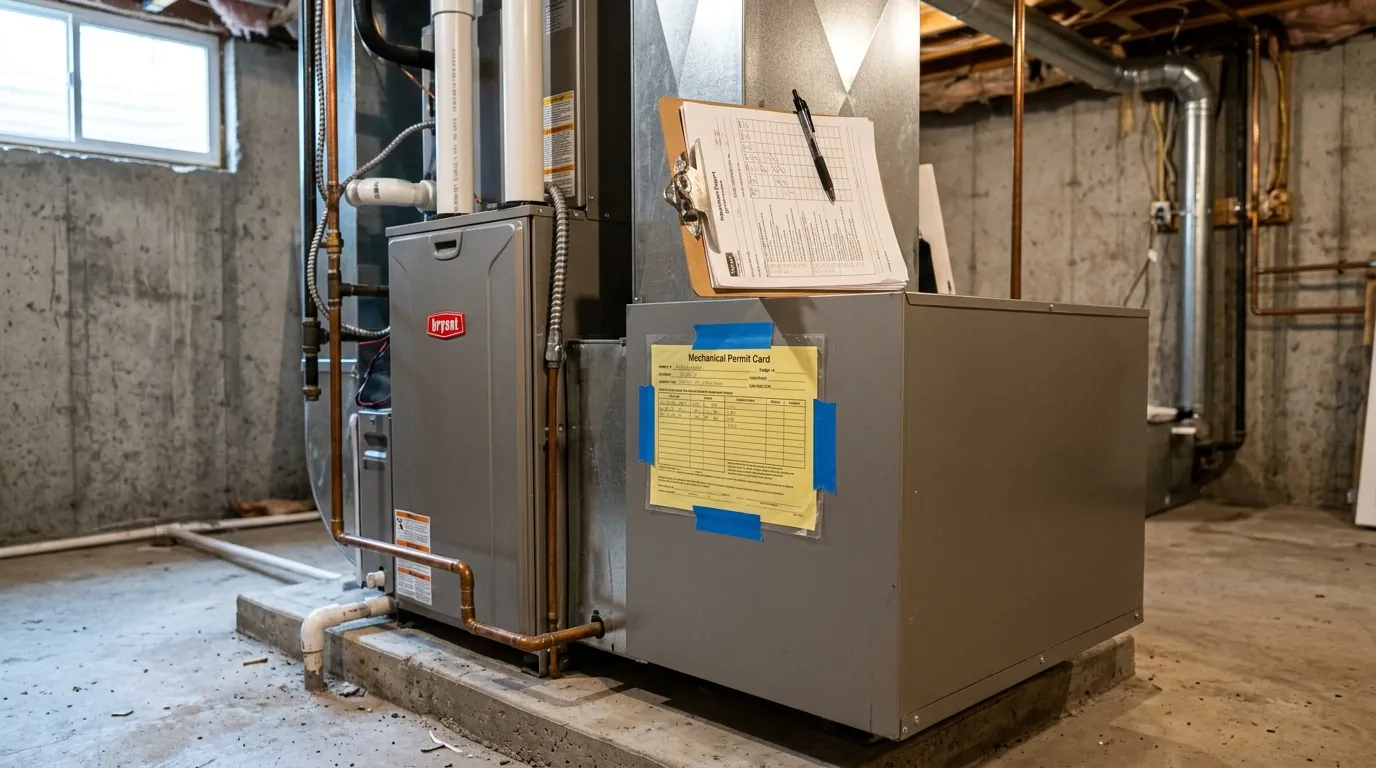 Mechanical permit card taped beside a new furnace in a Spokane basement