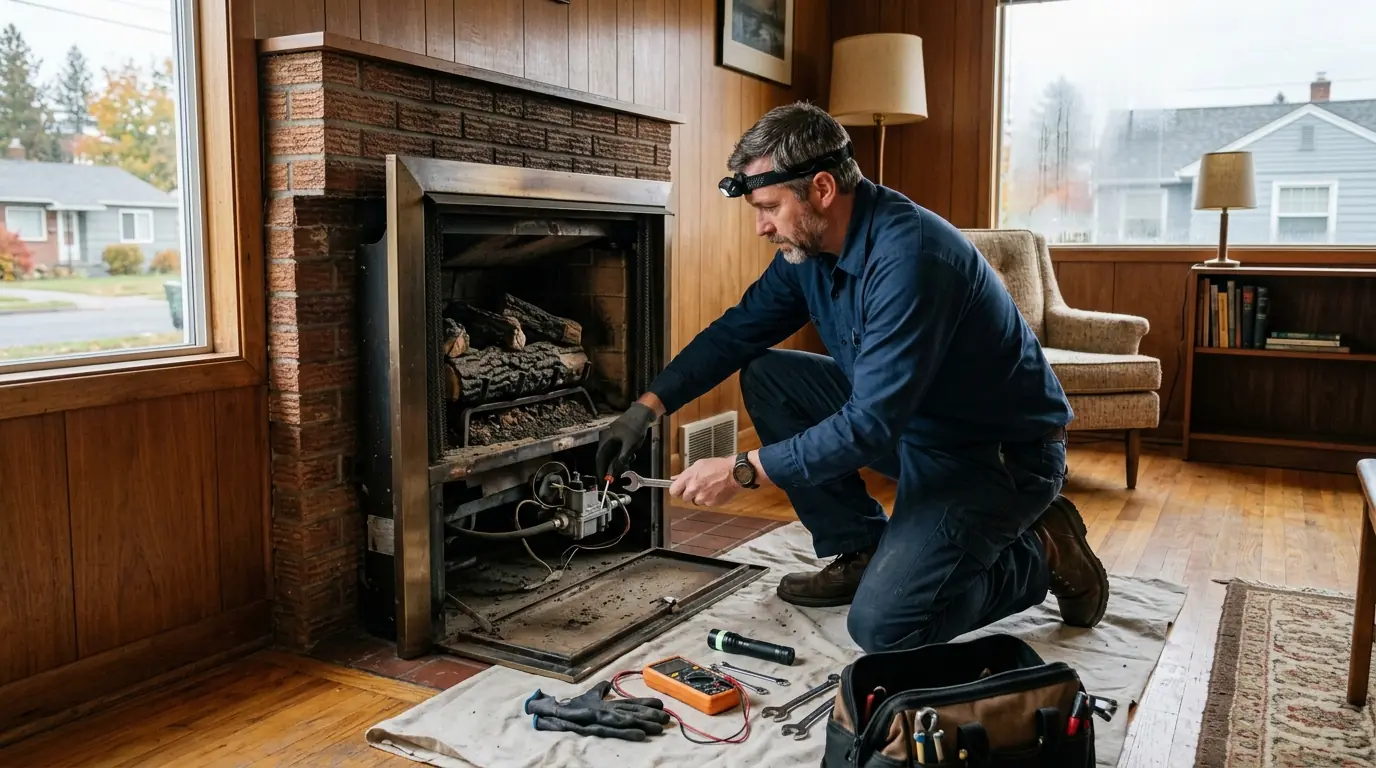 Technician servicing a gas fireplace insert in a Spokane living room
