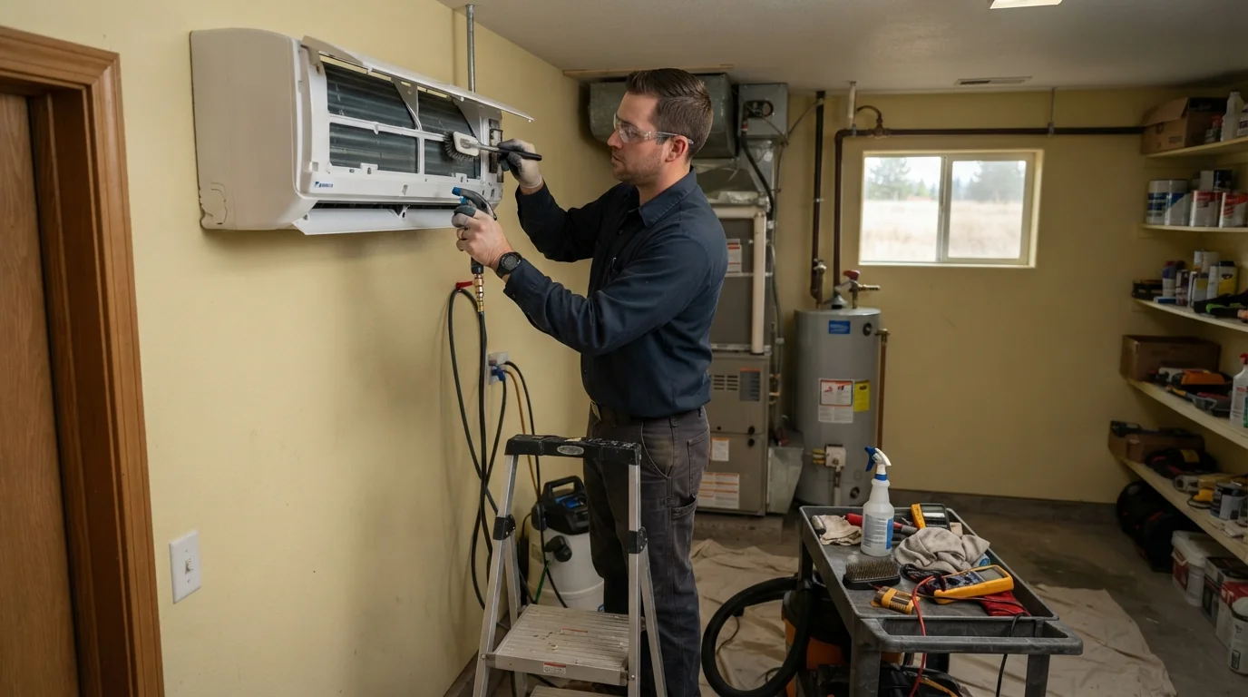 Technician deep cleaning a ductless mini-split head with a drip bag in Spokane