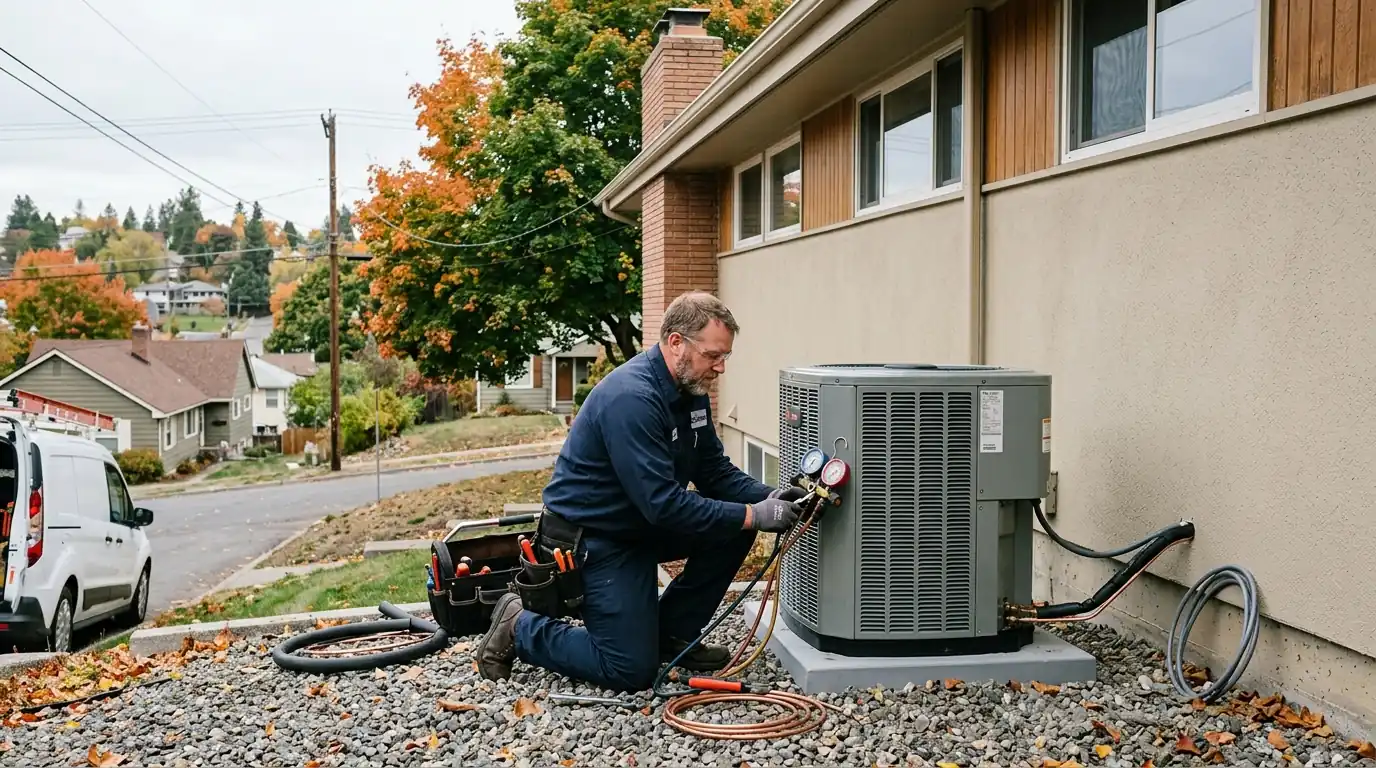 Cold-climate heat pump on a raised stand beside a Spokane home in winter