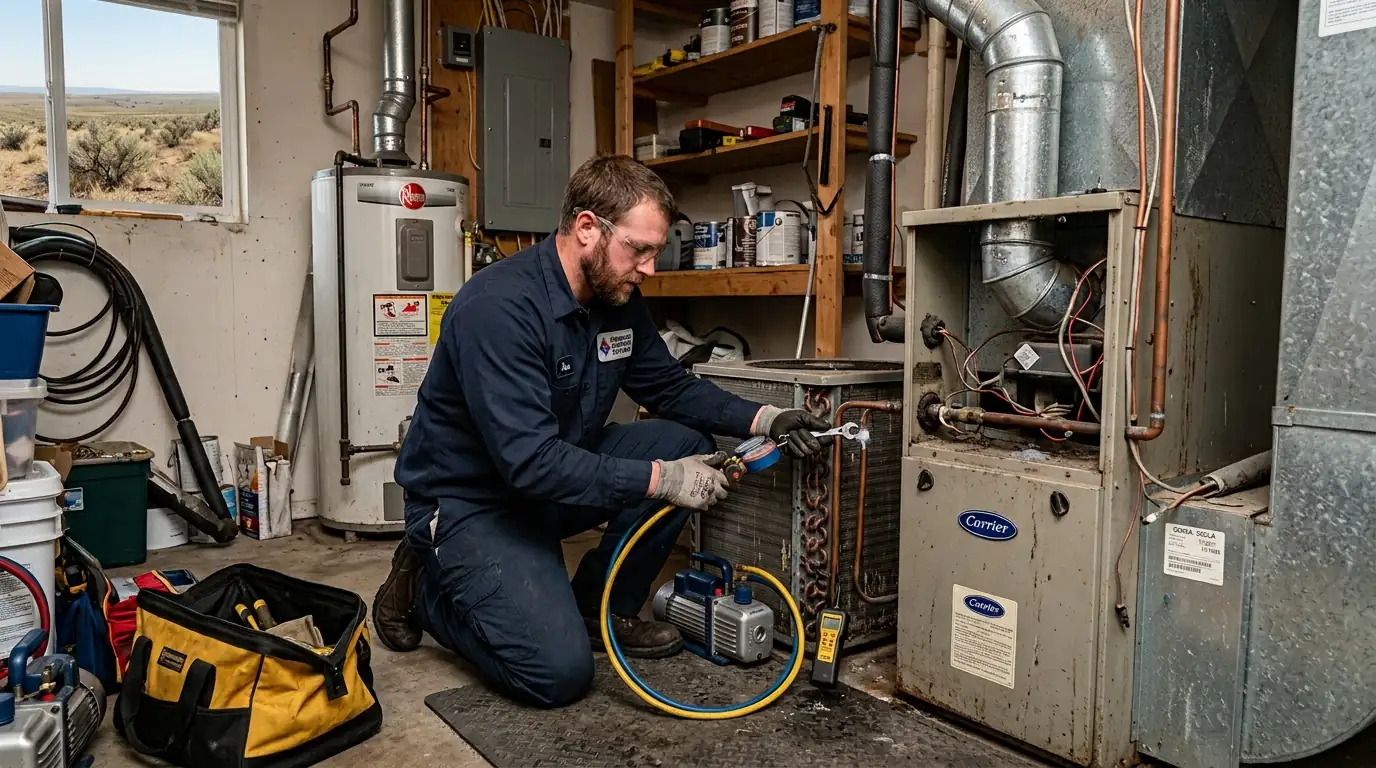 Technician using an electronic leak detector on an AC coil in Spokane