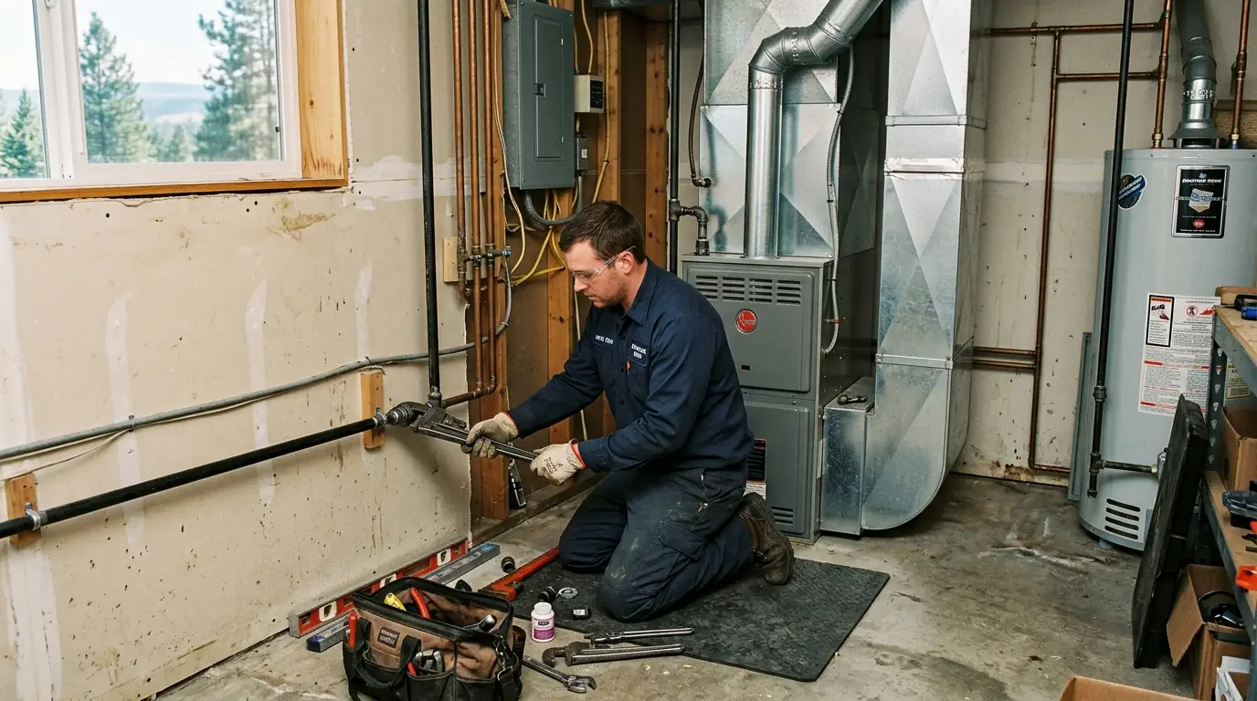 New black iron gas line with a shutoff valve in a Spokane basement