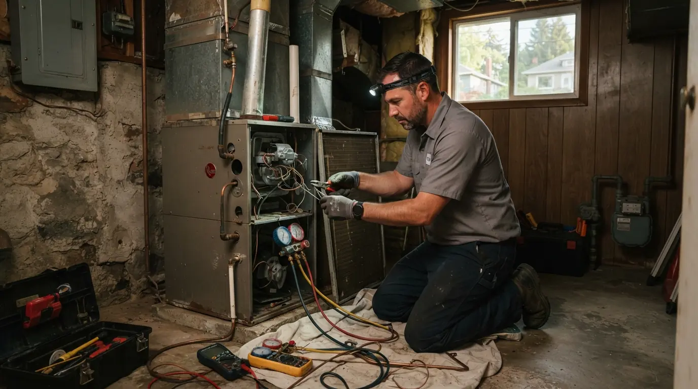 Technician repairing an AC condenser on a hot evening in Spokane