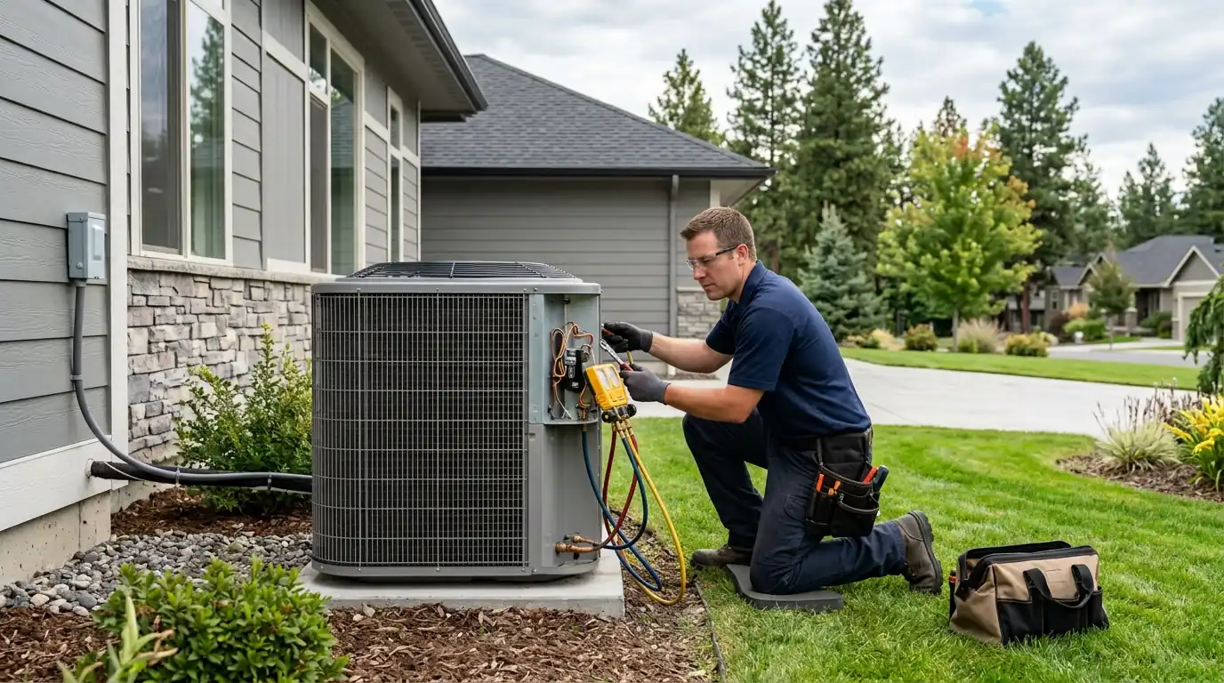 Technician cleaning the outdoor coil of a heat pump in Spokane