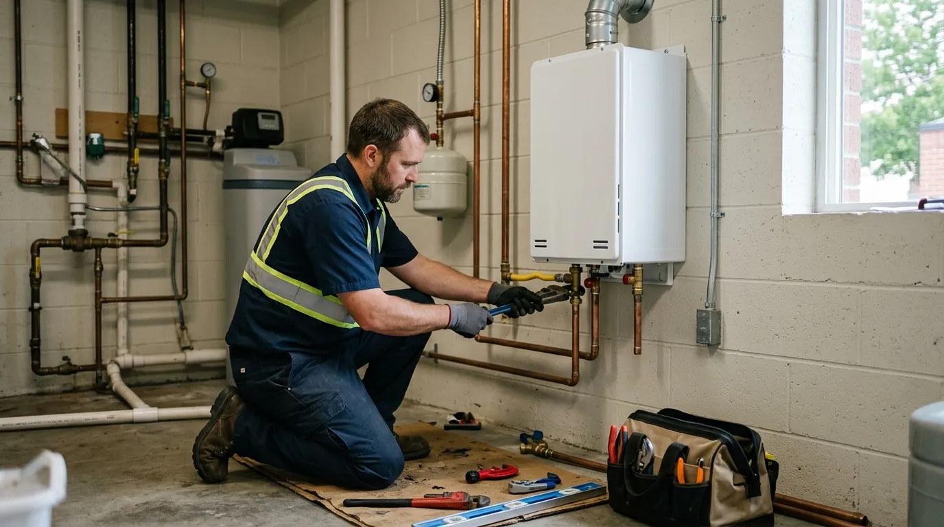 Tankless gas water heater mounted on a basement wall in Spokane