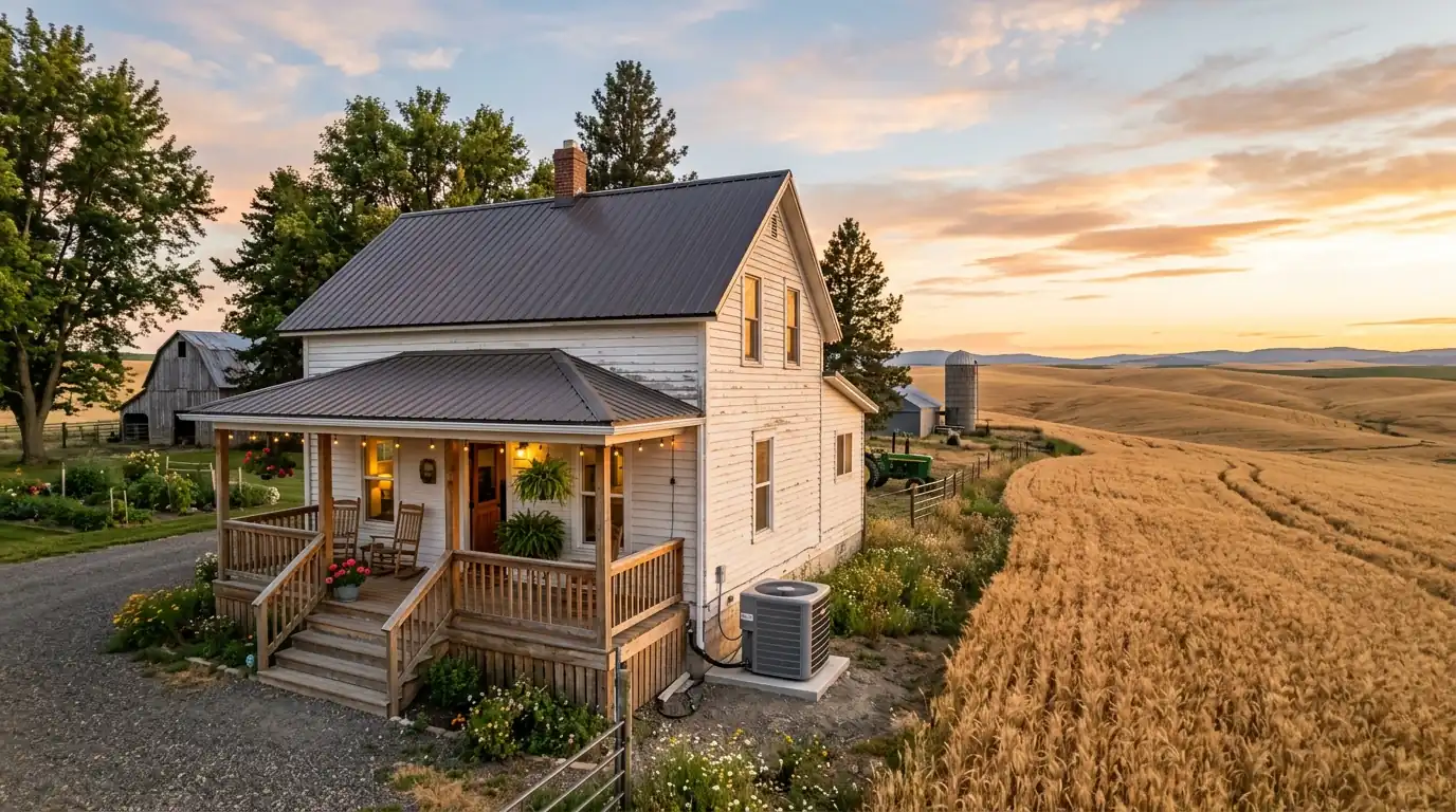 Farmhouse with an AC condenser in Lincoln County wheat country