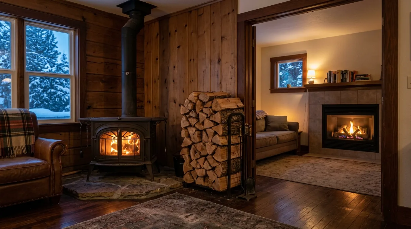 Wood stove beside a stack of firewood with a gas insert glowing in the next room