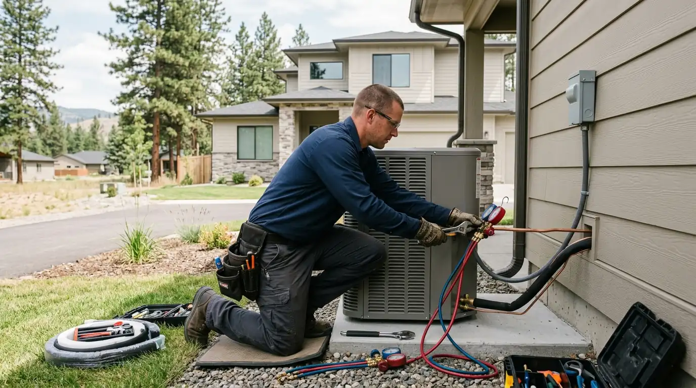 New central air conditioning condenser being set beside a Spokane home