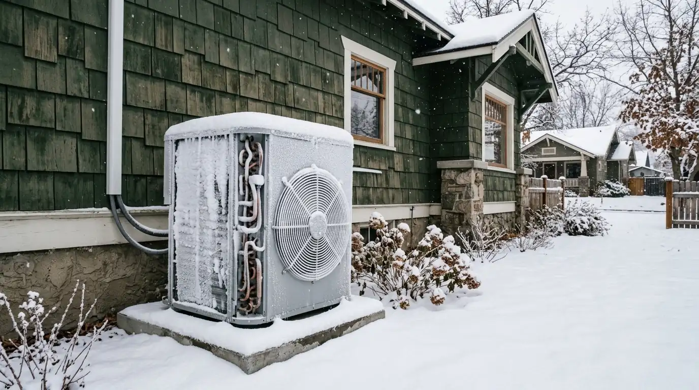 Heat pump on a raised stand above snow in Spokane