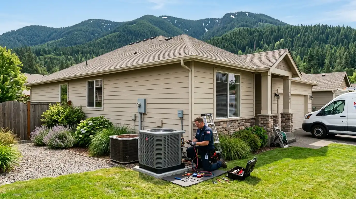 Technician replacing an AC condenser at a Mead home