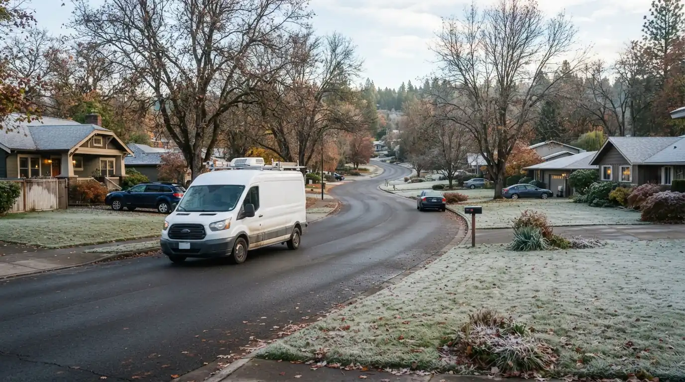 Service van on a residential street in Spokane County