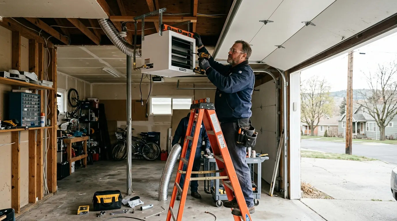 Ceiling-mounted gas unit heater in a Spokane garage