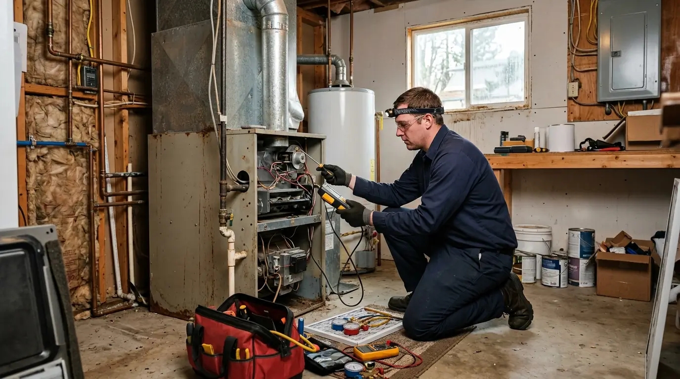 Technician tuning up a furnace in a Comstock home on the South Hill