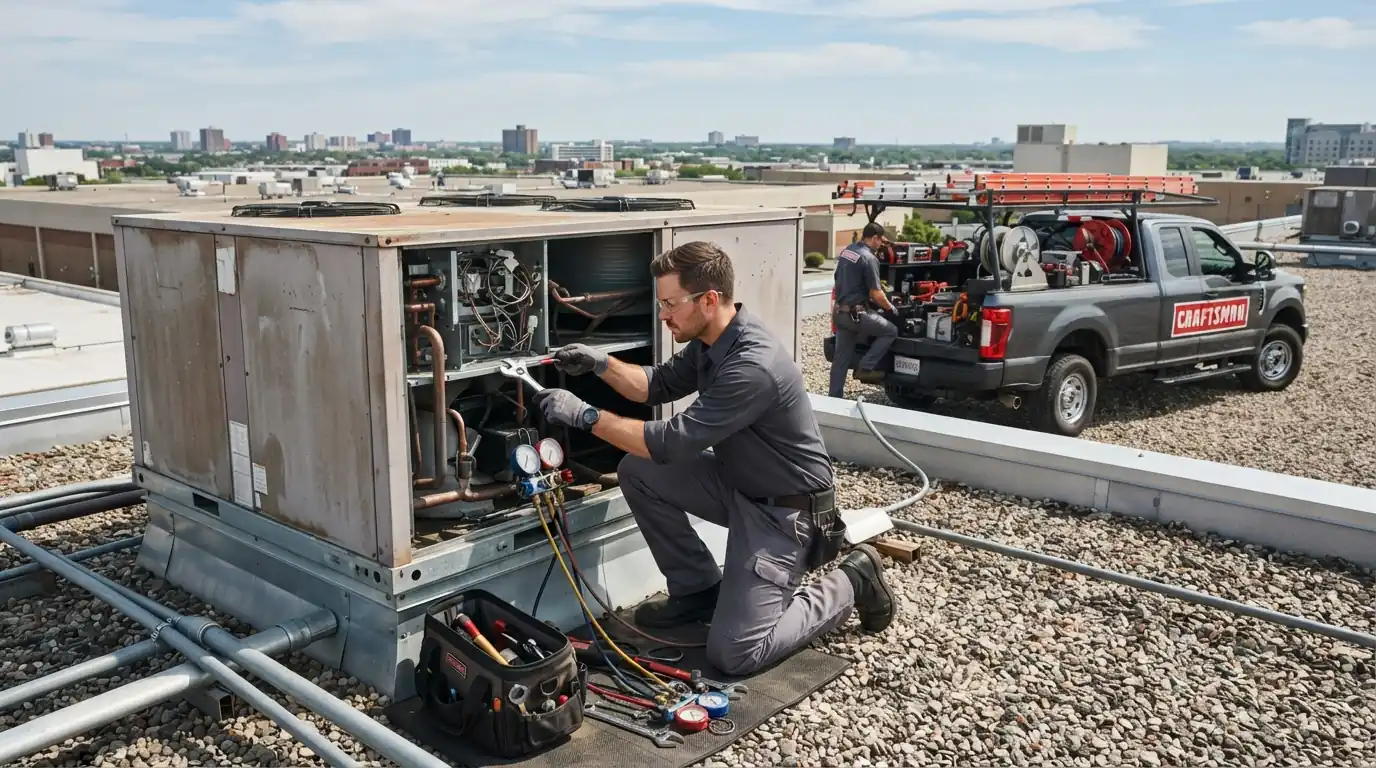Technician testing a commercial rooftop HVAC unit in Spokane